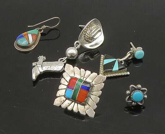 ZUNI NAVAJO 925 Silver  Vintage MultiStone Lot Single Earrings  EG11258