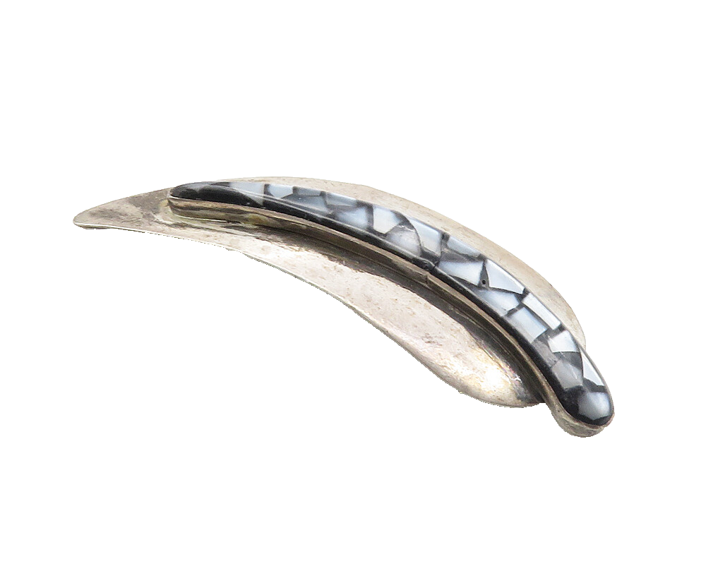 ISRAEL 925 Silver  Vintage Mother Of Pearl Mosaic Leaf Brooch Pin  BP4000