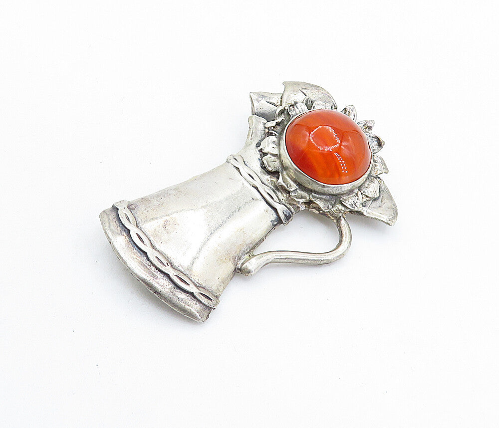 925 Sterling Silver  Vintage Carnelian Flower Watering Can Brooch Pin  BP2303