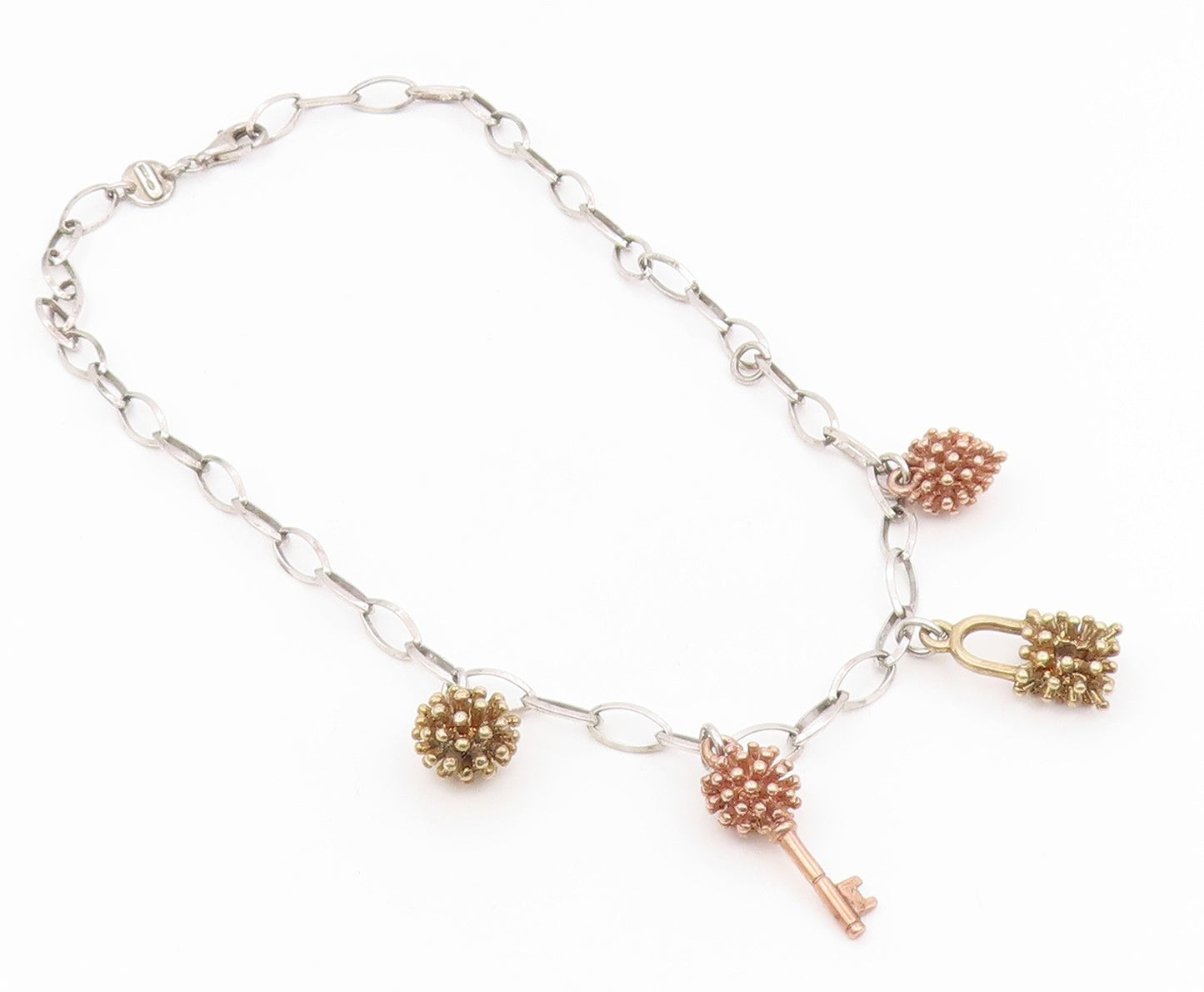 925 Sterling Silver Vintage Necklace Multi Tone Key & Spiky Orb Chain  NE4835
