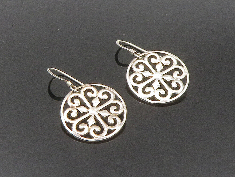 925 Silver  Vintage Love Heart Pattern Floral Motif Dangle Earrings  EG11522