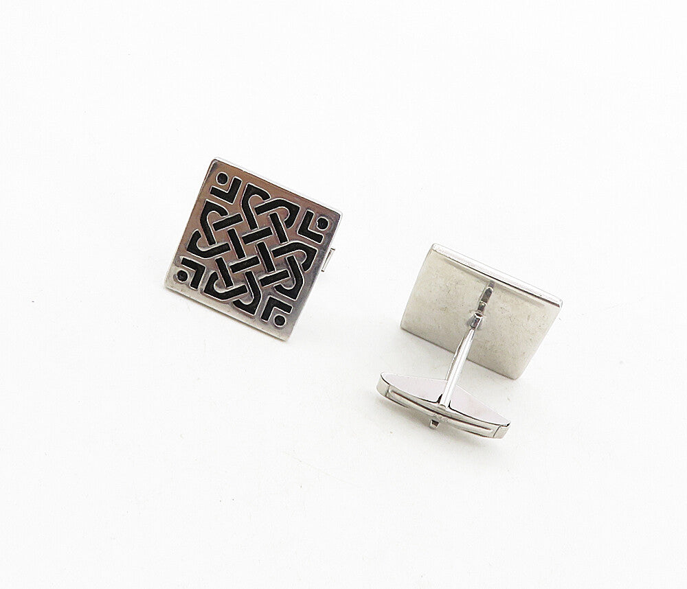 925 Sterling Silver  Vintage Shiny Celtic Dara Knot Square Cuff Links  TR1536