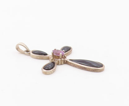 925 Silver  Vintage Amethyst & Black Onyx Religious Cross Pendant  PT21566