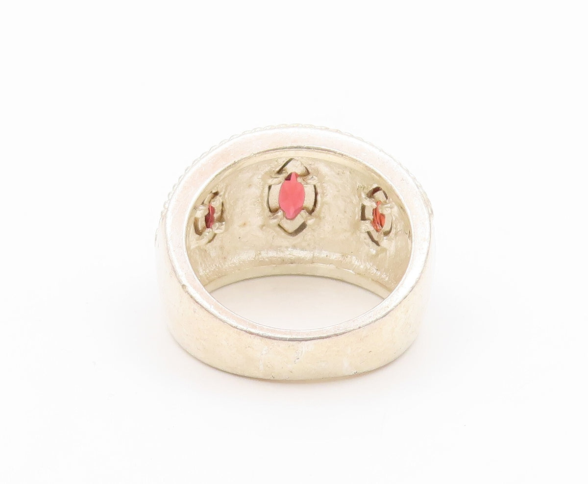 925 Sterling Silver Vintage Ring Swirly Carved Marquise Cut Garnet Sz 7  RG31834