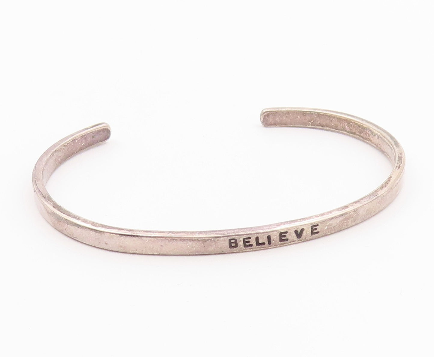 925 Sterling Silver  Vintage Petite Believe Stamped Cuff Bracelet  BT9123