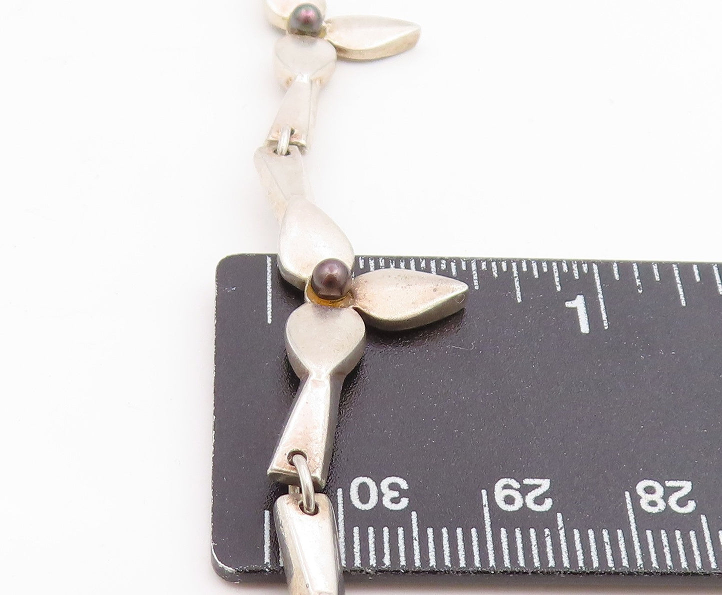 925 Sterling Silver Vintage Necklace Pearl Modernist Botanical Petal Link NE4859