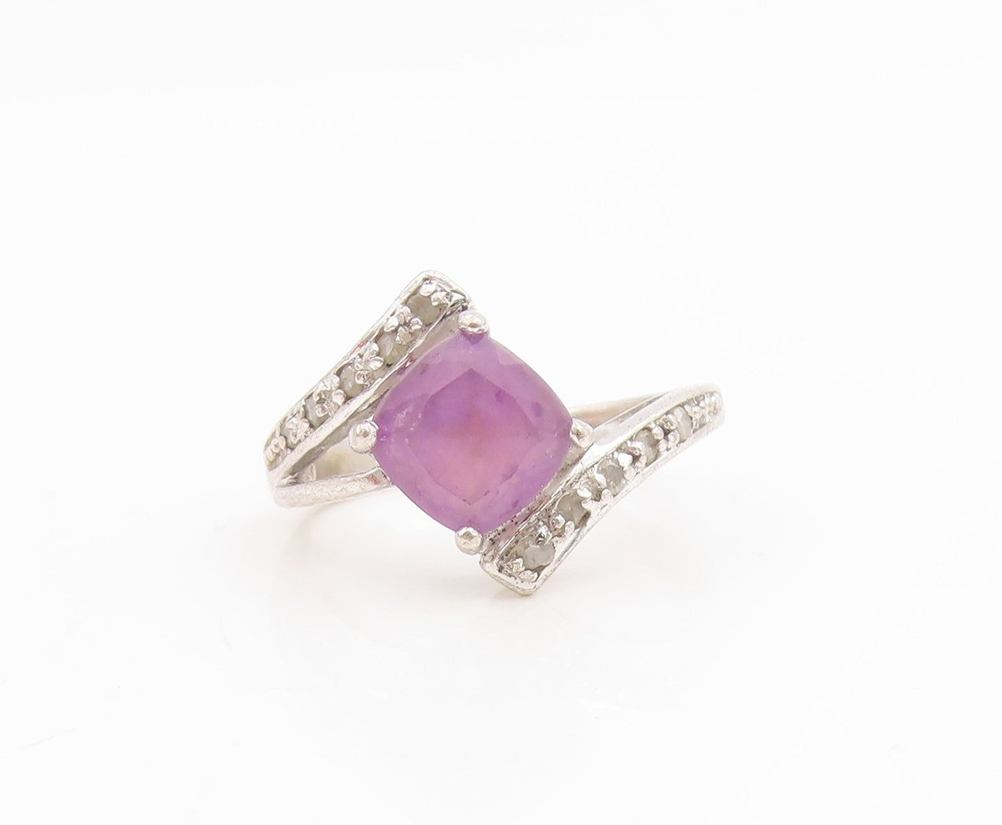 925 Sterling Silver Vintage Ring Real Diamonds & Amethyst Bypass  Sz 6  RG34874