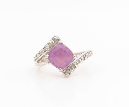 925 Sterling Silver Vintage Ring Real Diamonds & Amethyst Bypass  Sz 6  RG34874