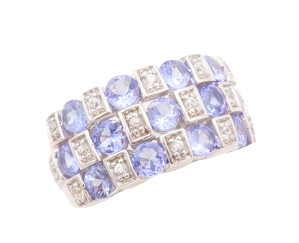 925 Sterling Silver Vintage Ring Square Cut Tanzanite & Sapphire Sz 7.5  RG29432