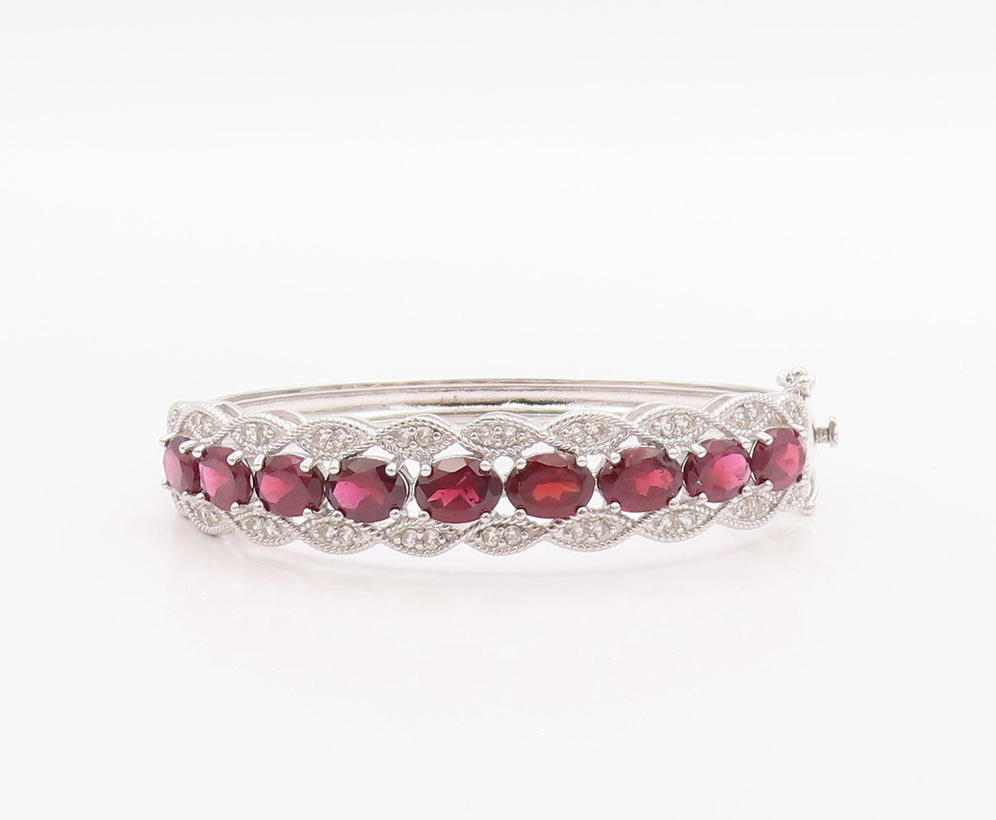 925 Sterling Silver Vintage Bracelet Oval Ruby & CZ Triple Row Bangle  BT11393