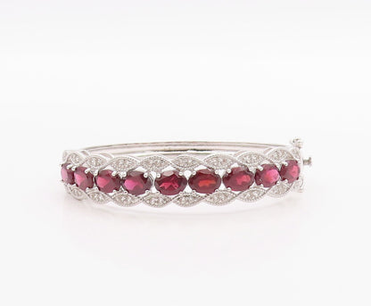 925 Sterling Silver Vintage Bracelet Oval Ruby & CZ Triple Row Bangle  BT11393