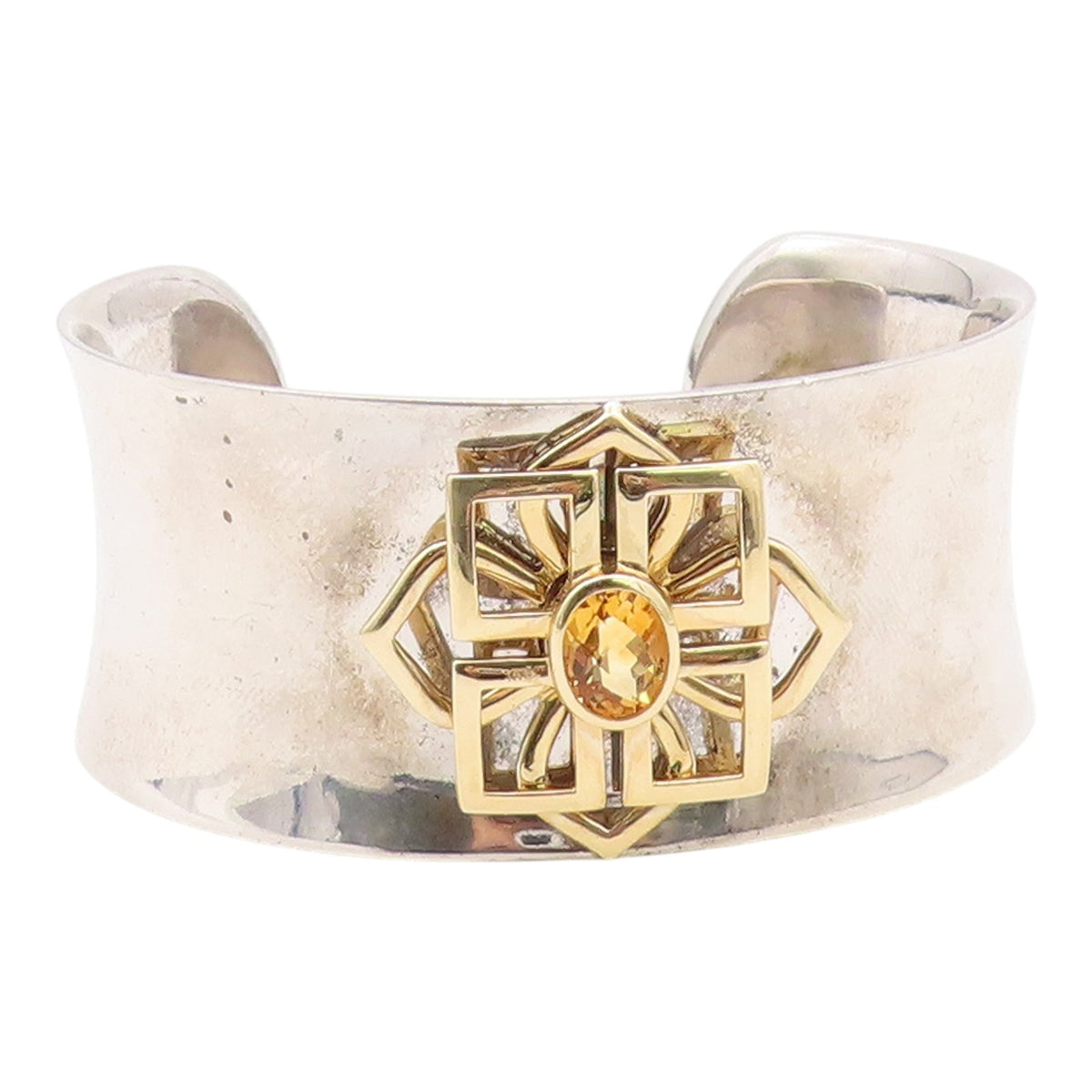925 Sterling Silver & 14K GOLD Vintage Real Citrine Floral Cuff Bracelet  BT8093
