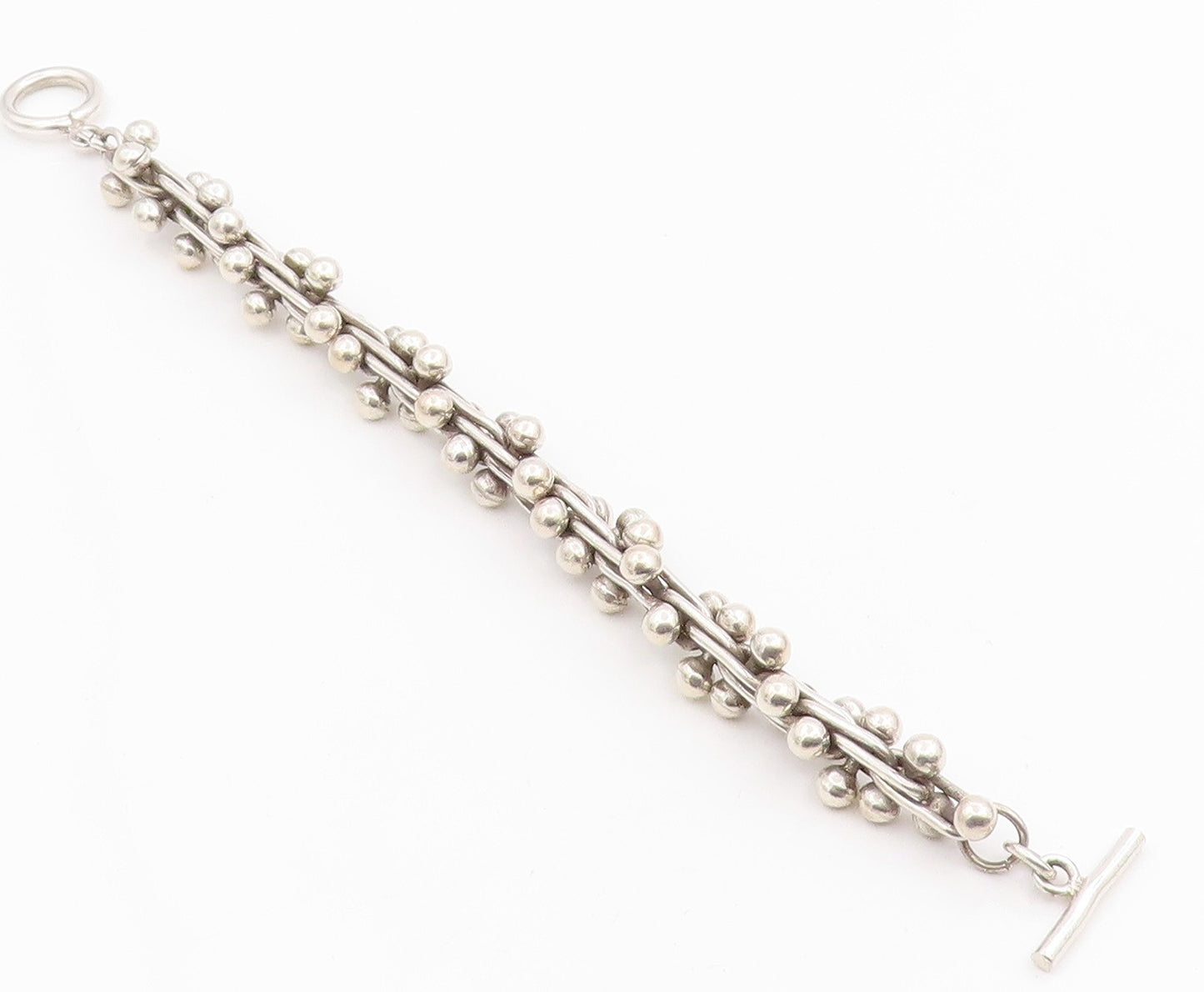 925 Sterling Silver Vintage Bracelet Modernist Twisted Bar & Ball Chain  BT11958