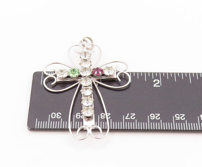 925 Sterling Silver Vintage Pendant Designer Cutout Rhinestone Cross  PT24066