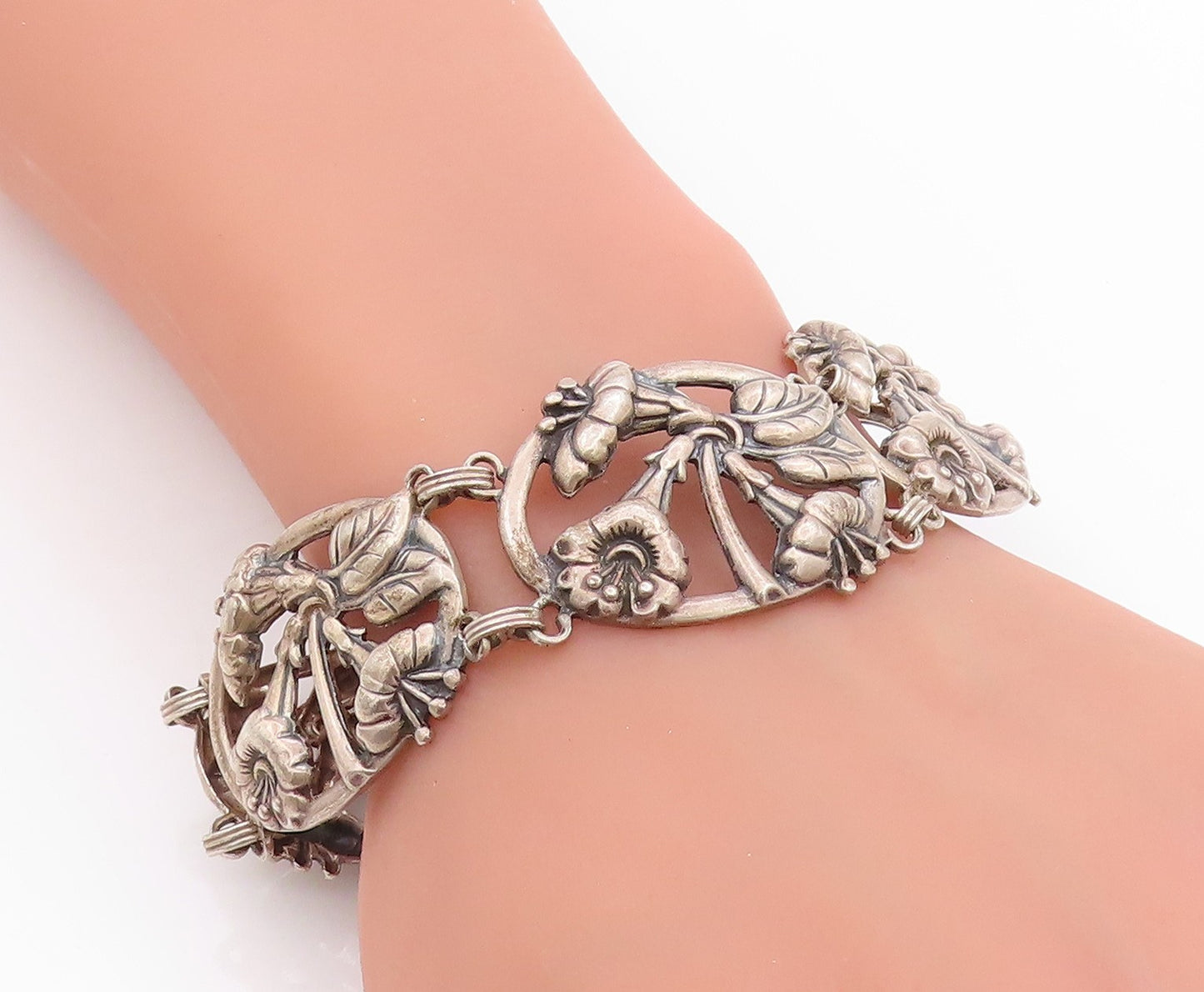 925 Sterling Silver Vintage Bracelet DANECRAFT Dark Tone Floral Cutout  BT11341