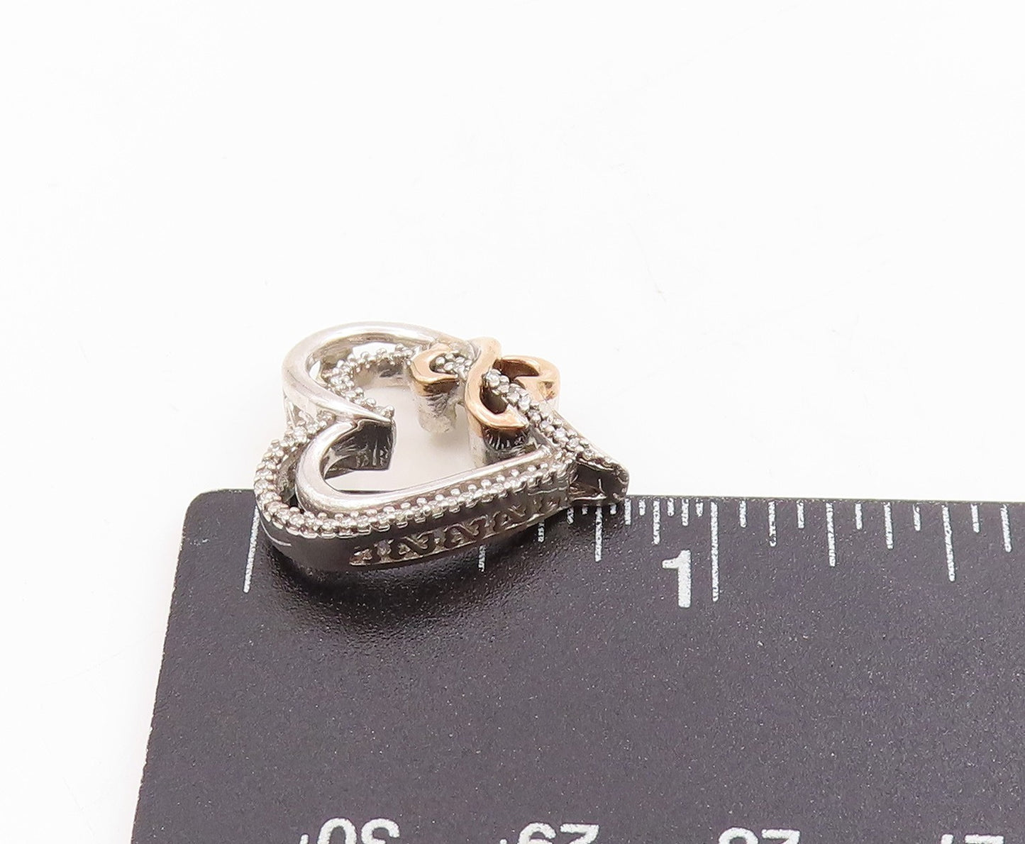 14k Gold & 925 Sterling Silver Vintage Pendant Real Diamonds Love Heart  PT25351