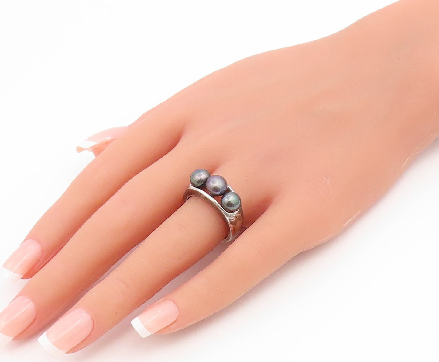 925 Sterling Silver Vintage Ring Modernist Triple Pearl Band  Sz 8  RG36940