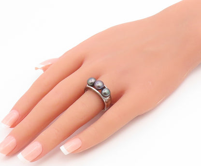 925 Sterling Silver Vintage Ring Modernist Triple Pearl Band  Sz 8  RG36940