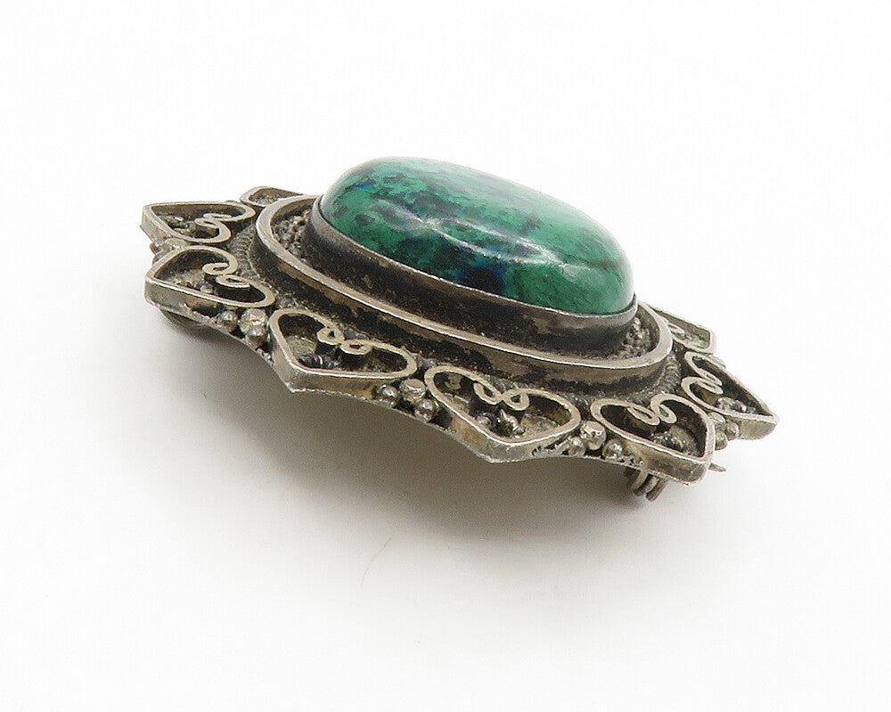 ISRAEL 925 Silver  Vintage Eilat Stone Love Heart Border Brooch Pin  BP5176