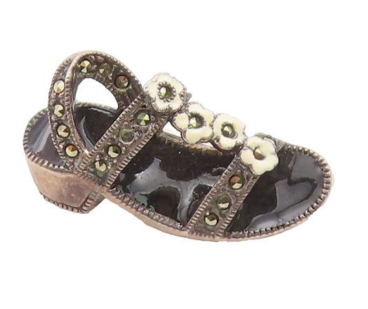 JUDITH JACK 925 Silver  Vintage Marcasite & Enamel Sandal Brooch Pin  BP8938