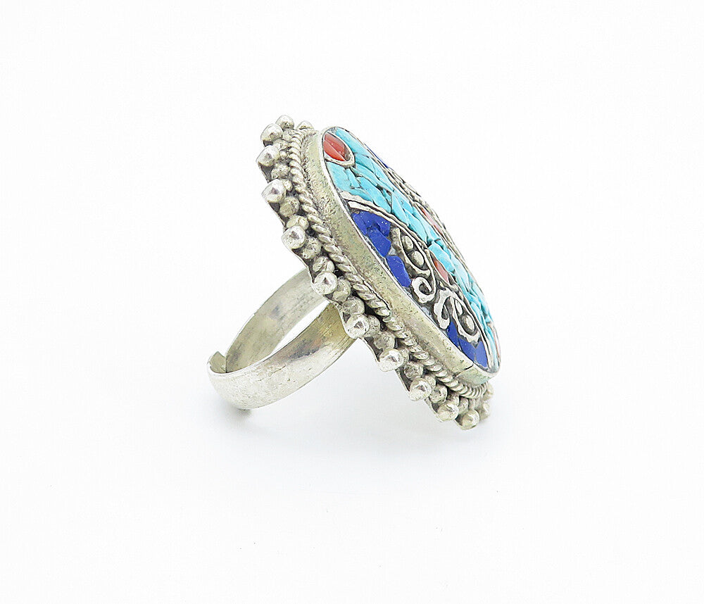 925 Silver  Vintage Turquoise & Lapis Lazuli Cocktail Ring Sz 10.5  RG7700