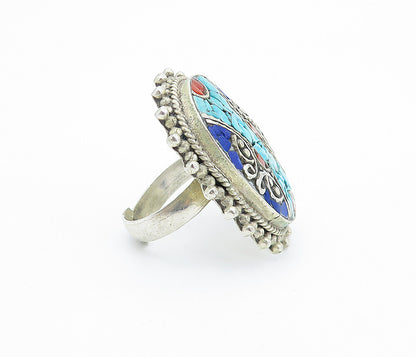 925 Silver  Vintage Turquoise & Lapis Lazuli Cocktail Ring Sz 10.5  RG7700