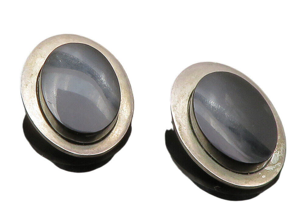 MEXICO 925 Sterling Silver  Vintage Black Onyx Oval Non Pierce Earrings EG6466