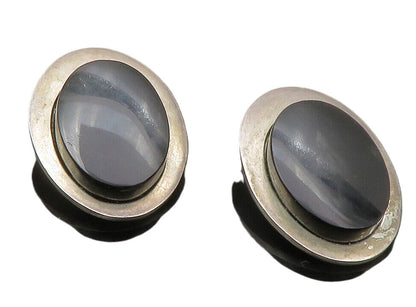 MEXICO 925 Sterling Silver  Vintage Black Onyx Oval Non Pierce Earrings EG6466