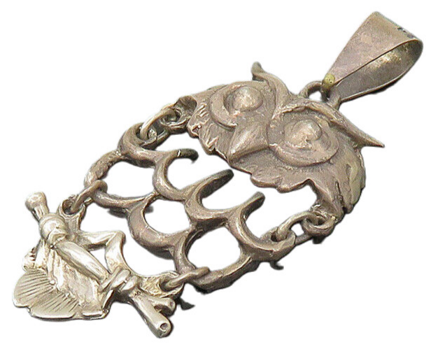 MEXICO 925 Sterling Silver  Vintage Owl Perched On Branch Pendant  PT18144