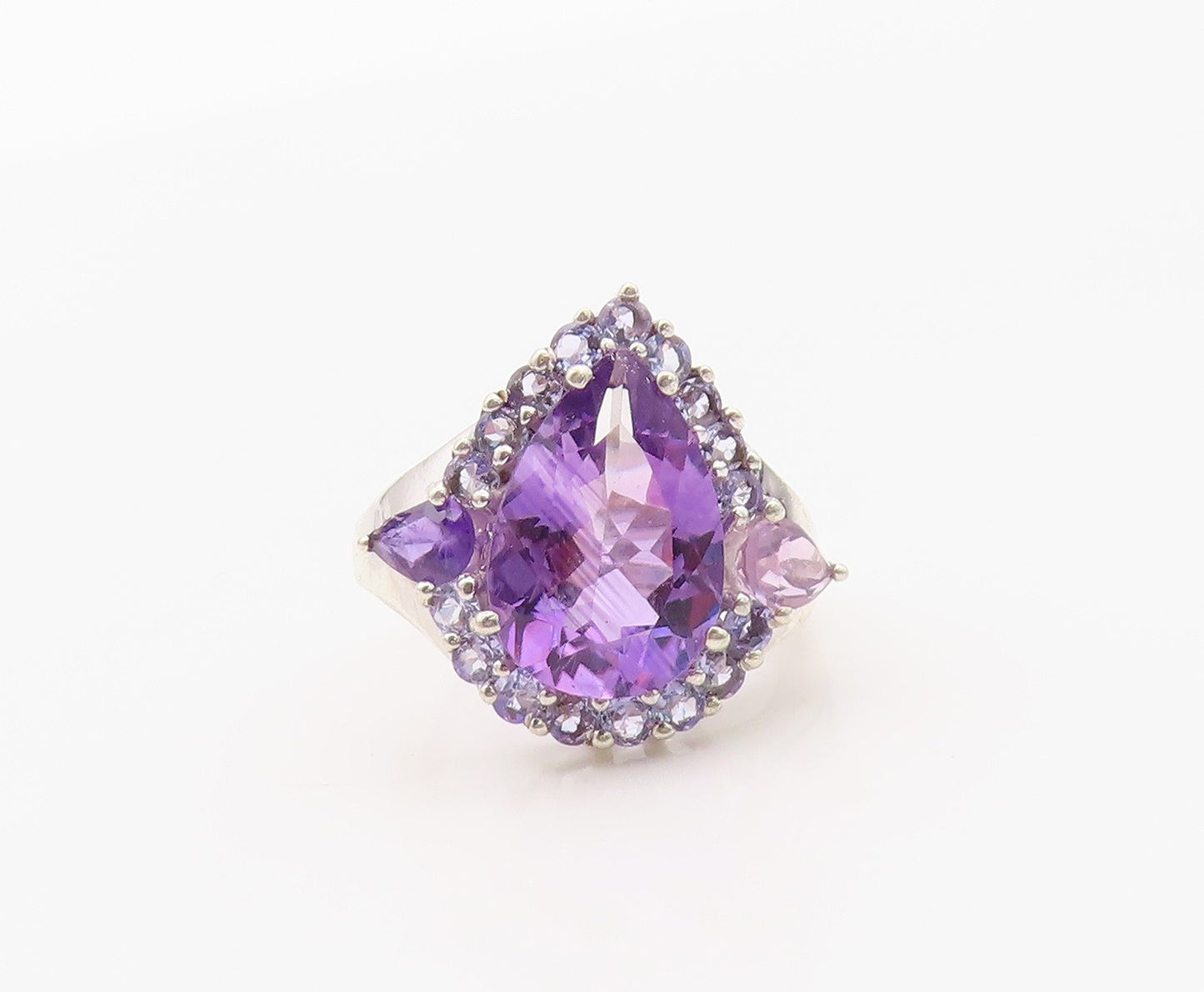925 Sterling Silver Vintage Ring Pear Cut Amethyst Statement Band  Sz 7  RG36378