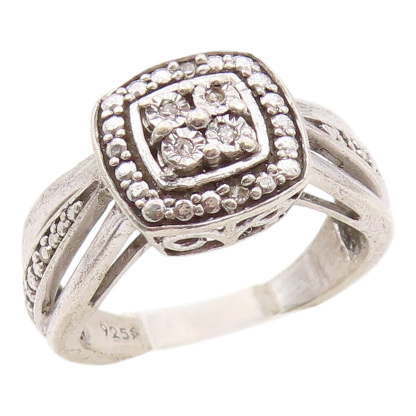 925 Sterling Silver Vintage Ring Real Diamonds Statement Band  Sz 4  RG36310