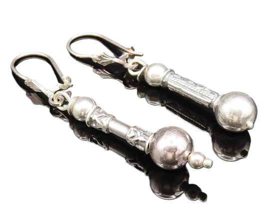 925 Sterling Silver  Vintage Love Heart Pole & Bead Ball Earrings  EG11861