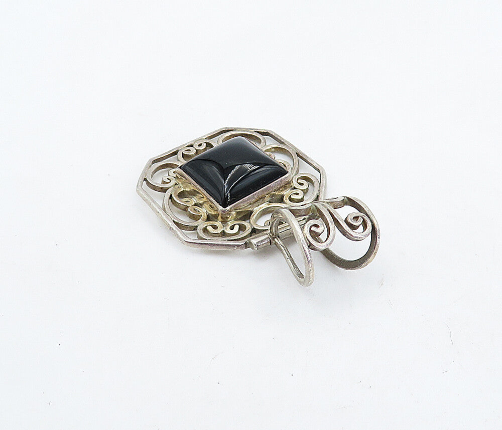925 Sterling Silver  Vintage Cabochon Black Onyx Swirl Octagon Pendant  PT3856