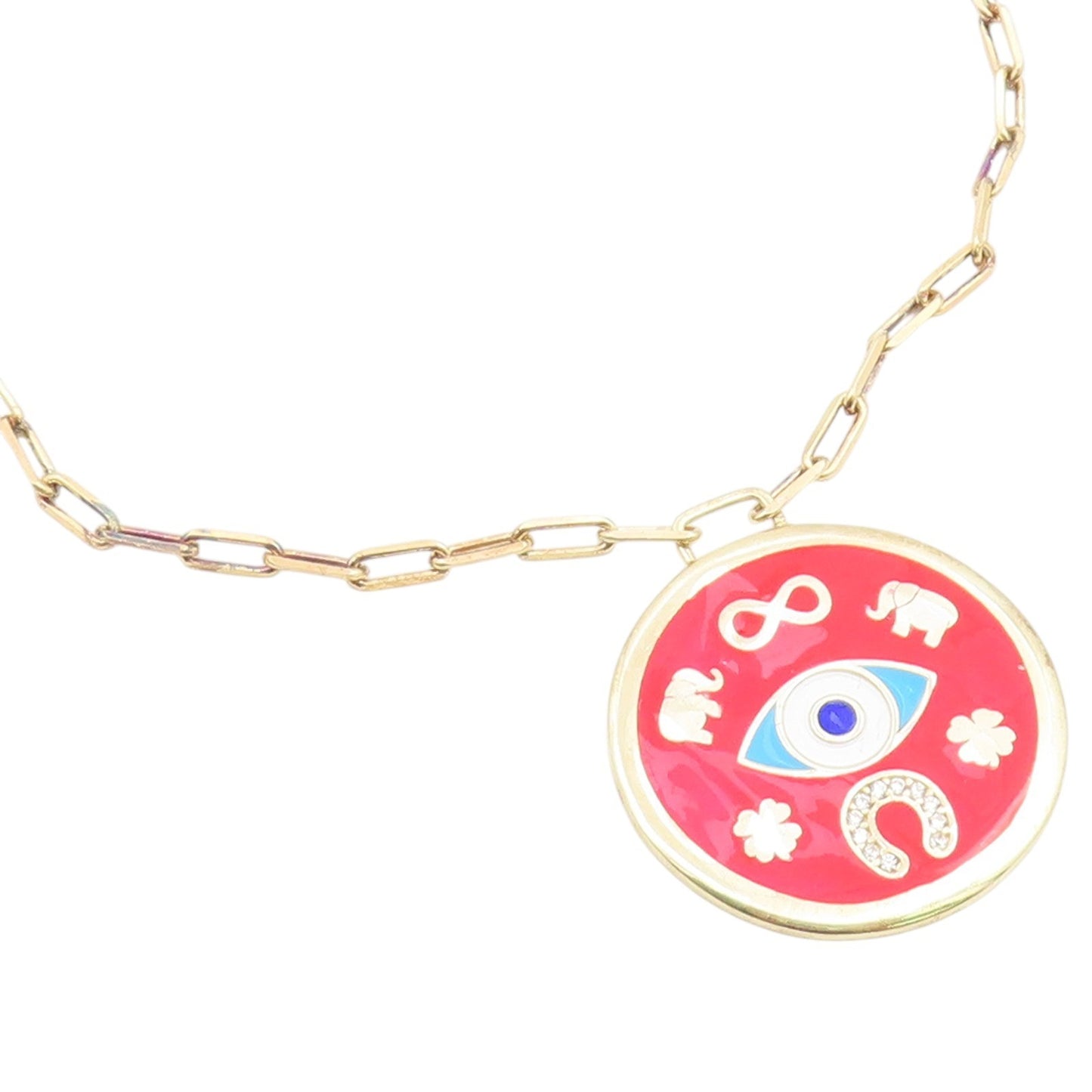 925 Sterling Silver Vintage Necklace Gold Plated CZ Good Luck Medallion  NE4928