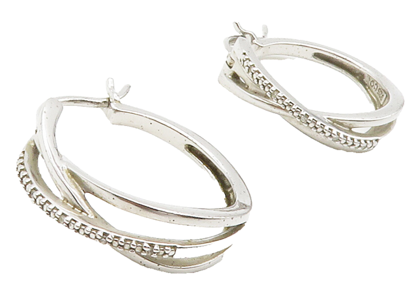 925 Sterling Silver  Genuine Diamonds Shiny Split Shank Hoop Earrings  EG7525