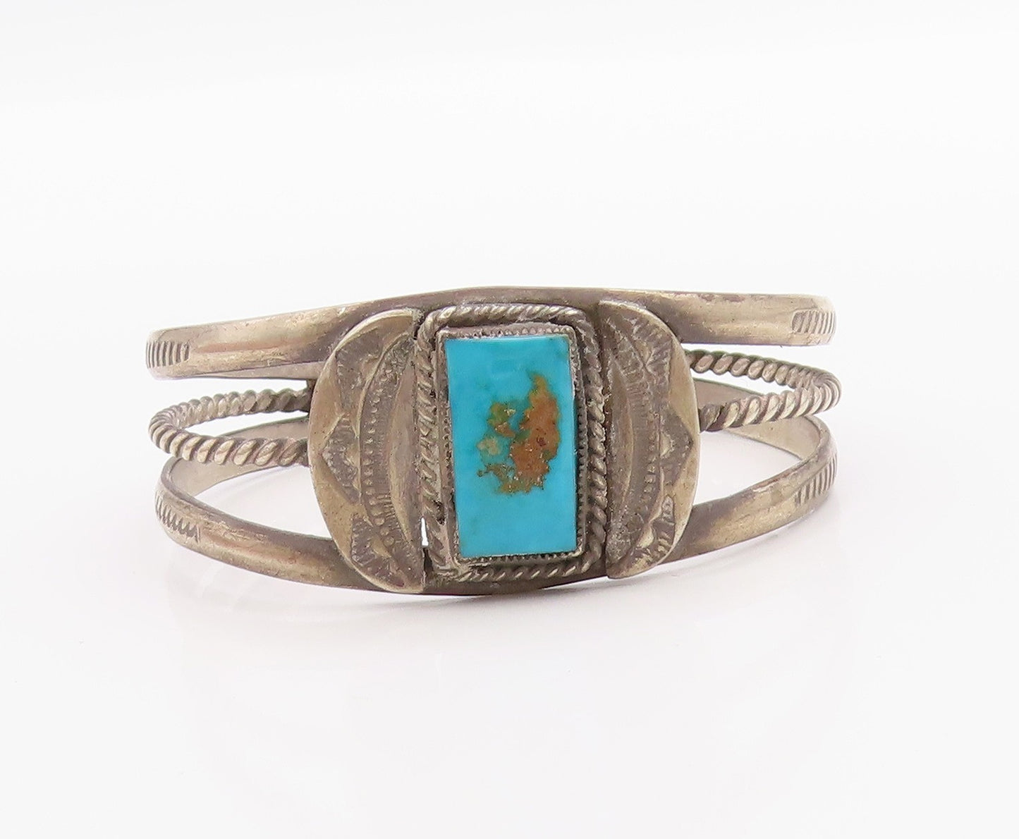925 Sterling Silver Vintage Bracelet NAVAJO Blue Turquoise Etched Cuff  BT11373