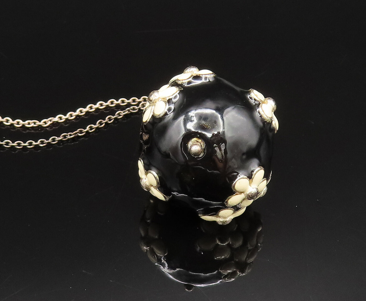 DESIGNER 925 Silver  Vintage Enamel Flowers & Sphere Chain Necklace  NE3972