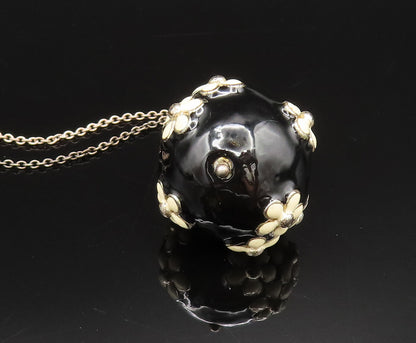 DESIGNER 925 Silver  Vintage Enamel Flowers & Sphere Chain Necklace  NE3972