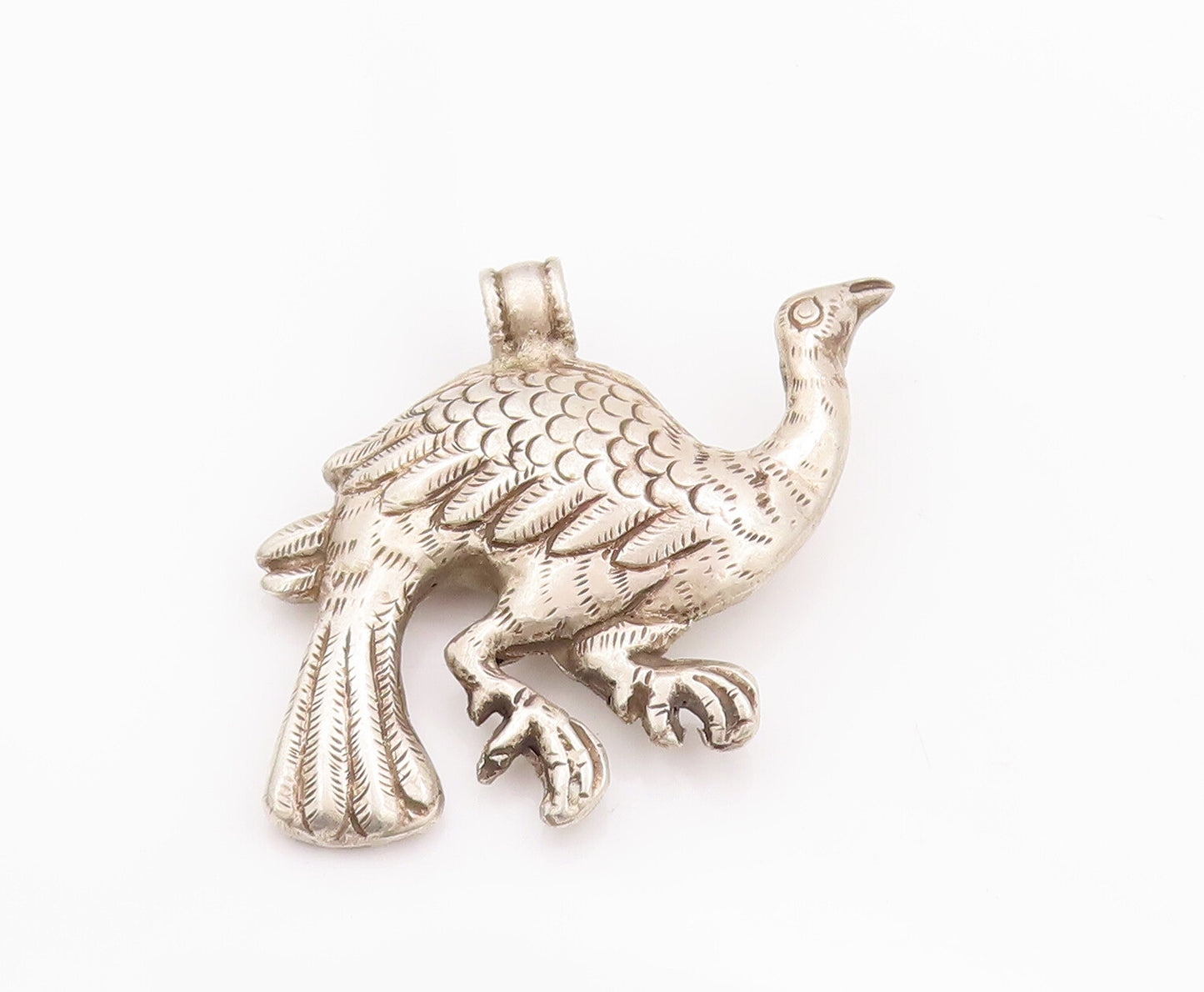 925 Sterling Silver Vintage Pendant Solid Puffed Carved Large Peacock  PT22934