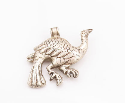 925 Sterling Silver Vintage Pendant Solid Puffed Carved Large Peacock  PT22934