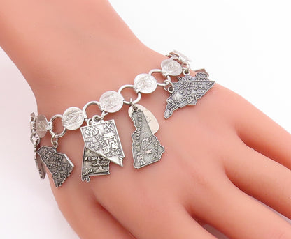 925 Sterling Silver Vintage Bracelet SARAH COVENTRY US State Map Charms  BT12048