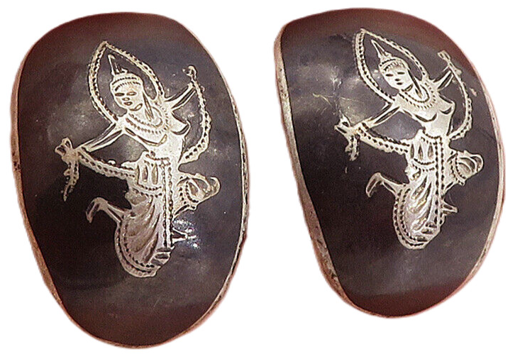 SIAM 925 Sterling Silver  Vintage Niello Dancer Non Pierce Earrings  EG2581