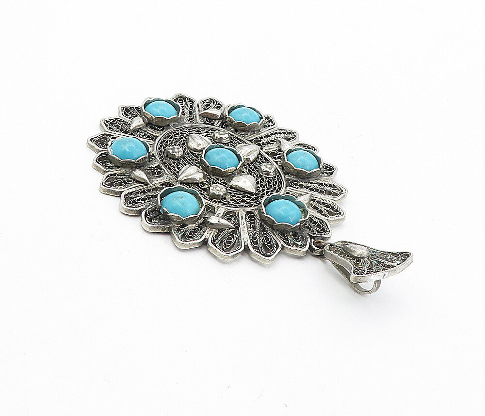 925 Sterling Silver  Vintage Cabochon Cut Turquoise Filigree Pendant  PT6285