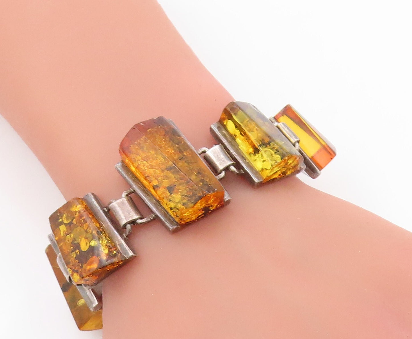 925 Sterling Silver Vintage Bracelet POLAND Designer Honey Amber Band  BT11053