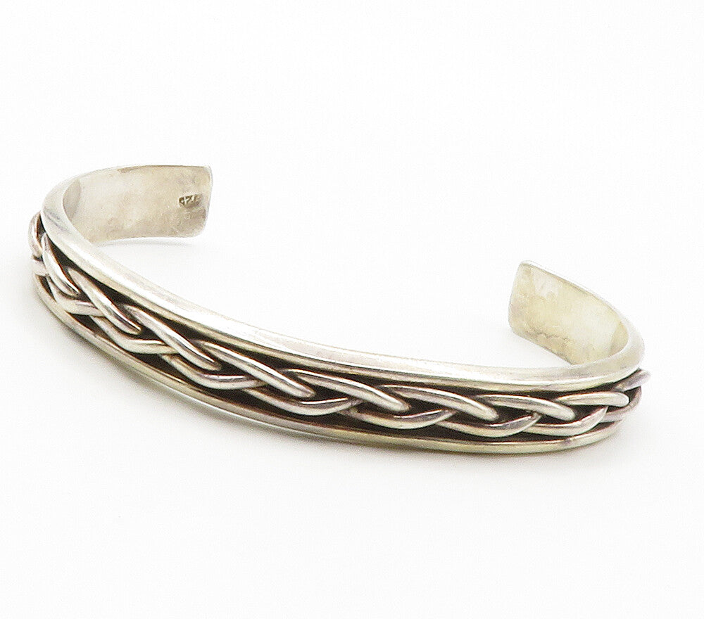 925 Sterling Silver  Vintage Shiny Braided Detail Smooth Cuff Bracelet  BT5791