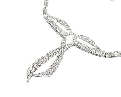 925 Sterling Silver  Shiny Cubic Zirconia Ribbon Bow Collar Necklace  NE2321