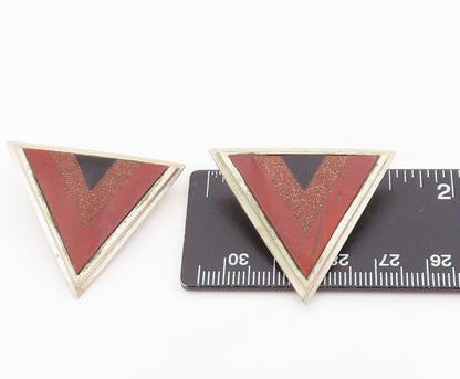 925 Sterling Silver Vintage Earrings Multi Gemstone Triangular Clip On  EG13801