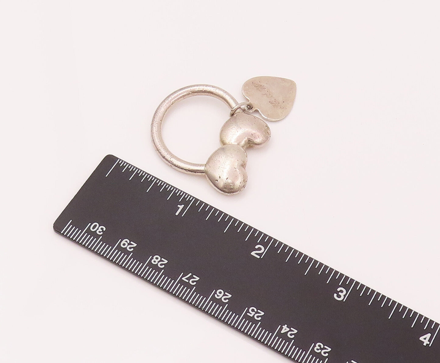 925 Silver  Vintage C Shaped Solid Love Heart & Dangling Heart Keychain TR3490