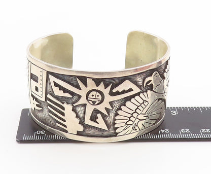 925 Sterling Silver Vintage Bracelet Carved Sun God & Eagle Wide Cuff  BT11809