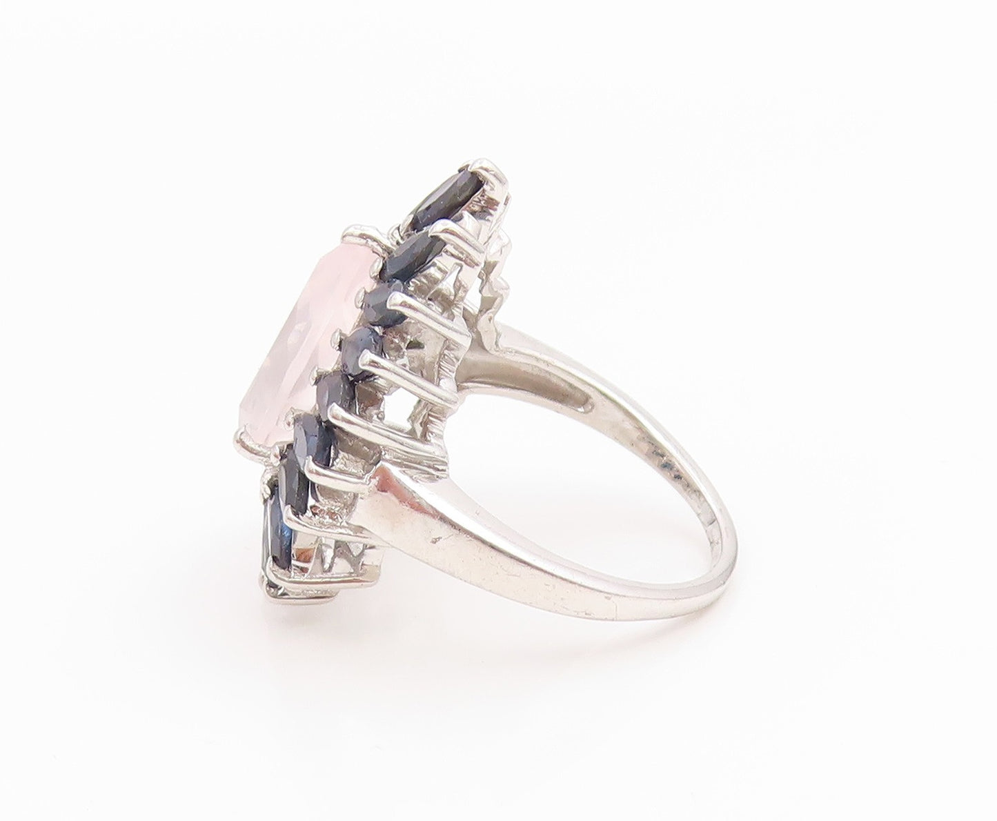925 Sterling Silver Vintage Ring Elegant Rose Quartz & Sapphire  Sz 8.5  RG36147